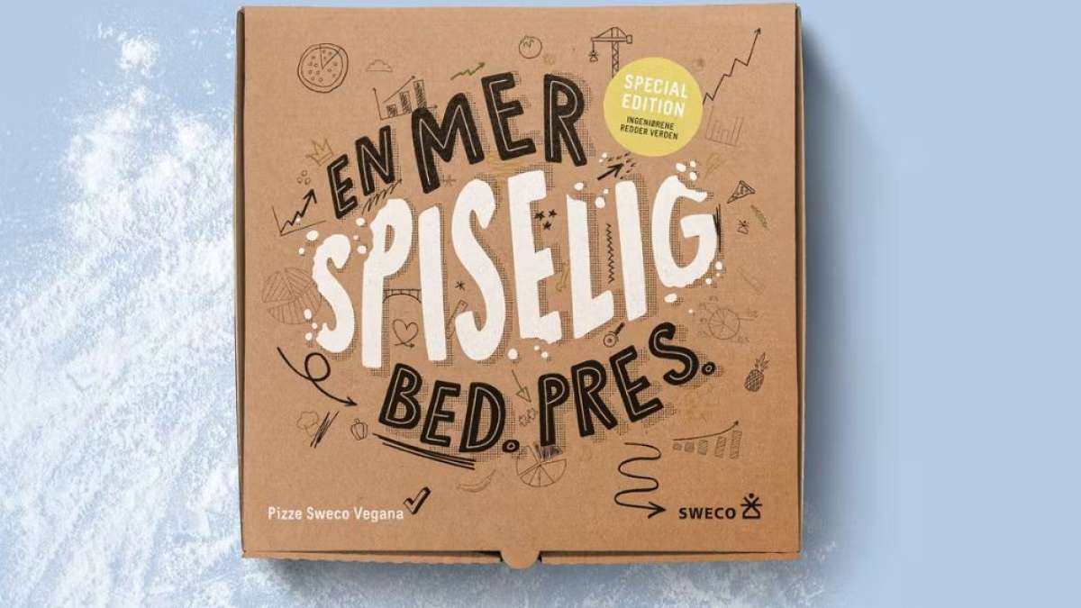 En pizza av papp med teksten "En mer spiselig Bed.Pres."