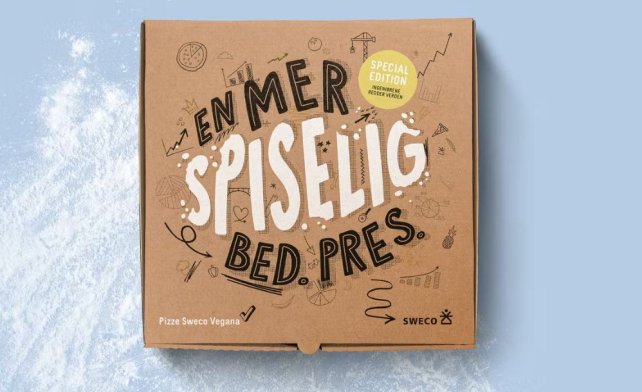 En pizza av papp med teksten "En mer spiselig Bed.Pres."