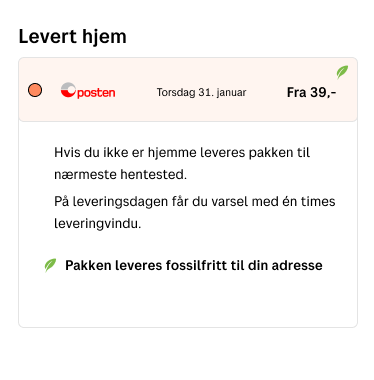 Utsnitt fra et leveringsvilkår i nettbutikksskasse, som beskriver fraktalternativet og viser også at "pakken leveres fritt til din adresse".