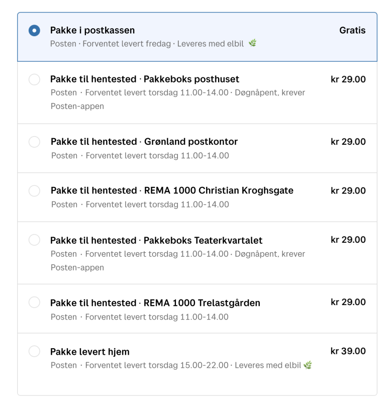 Et skjermbilde fra en kasse med leveringsmuligheter